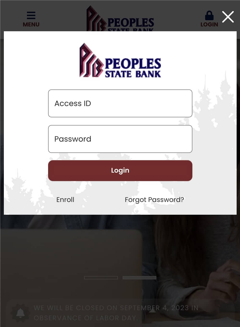 Mobile standard online banking login form